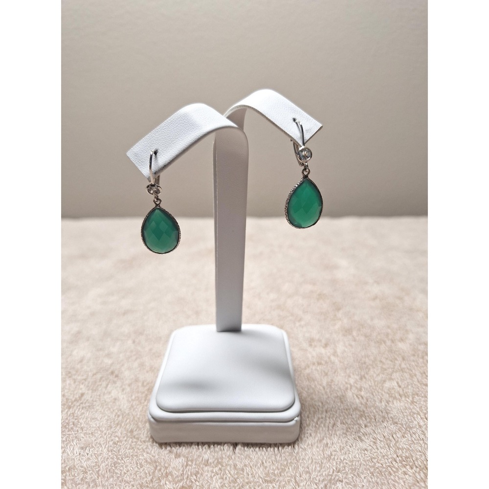 Green onyx earrings with cubic zirconia accent in sterling silver tear drop